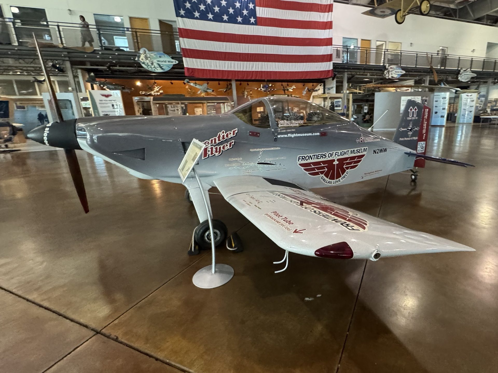The Frontier Flyer aircraft on display on the floor of the Frontiers of Flight Museum at Dallas Love Field