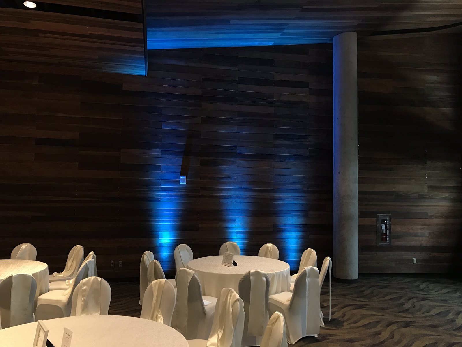 Blue uplighting throwing narrow beams up a dark wood plank wall behind banquet chairs
